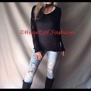 NEW! Black Distressed Loose Knit Semisheer Sweater